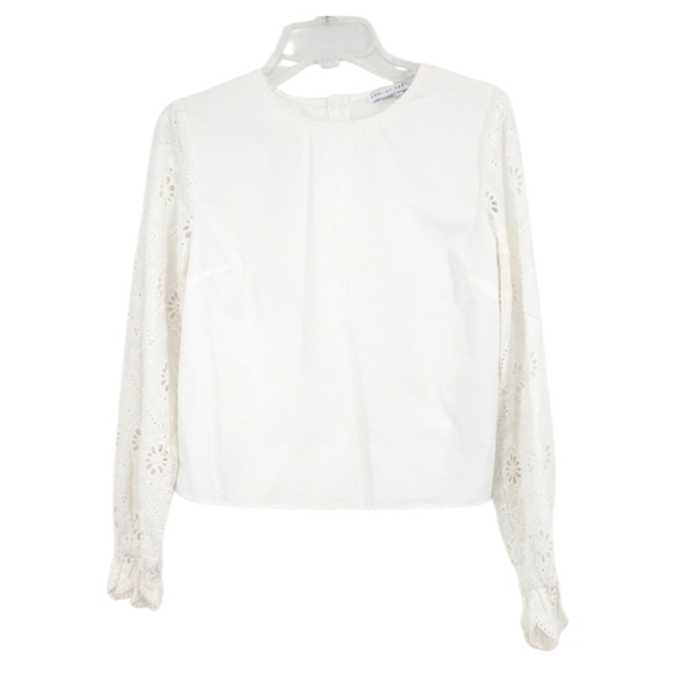 English Factory White Eyelet Balloon Sleeve Blouse Button Down Back Cotton M